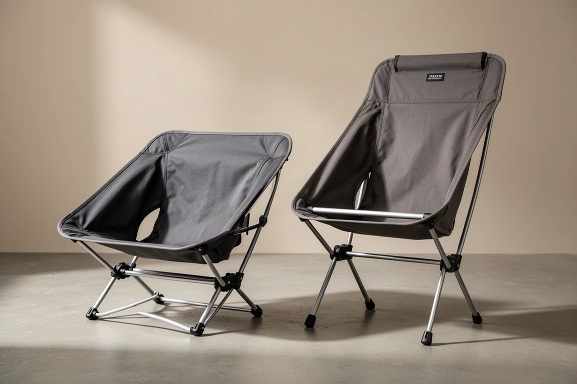 Two ultralight backpacking camp chairs on a matte concrete surface