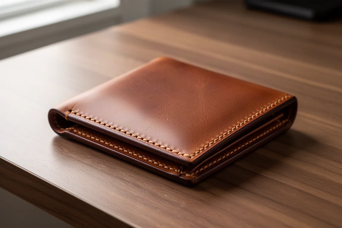 Whiskybraune Ledertasche auf einem Schreibtisch mit sichtbaren Kanten und Nähdetails