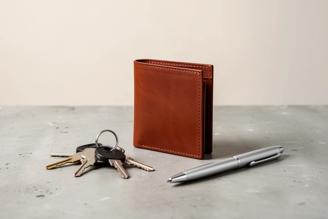 Minimalistische Ledertasche neben Everyday-Carry-Gegenständen auf neutraler Oberfläche