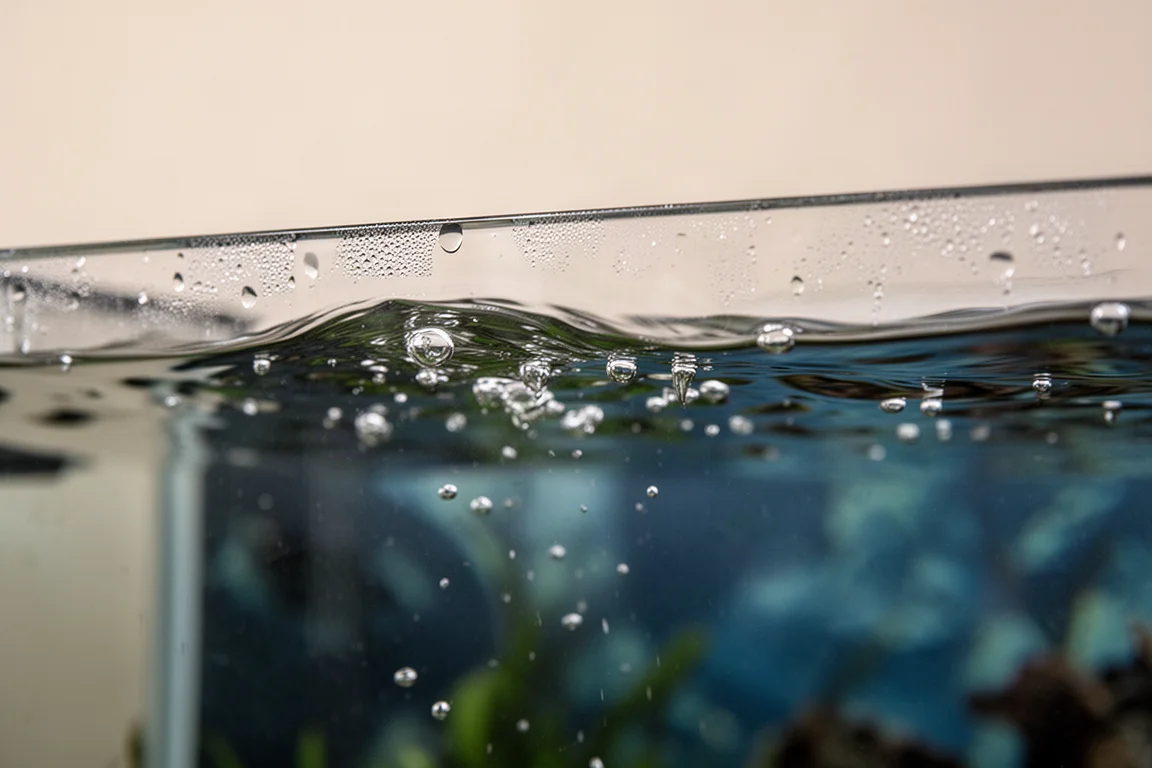 水面泛起波紋的水族箱特寫,空氣正掠過水面