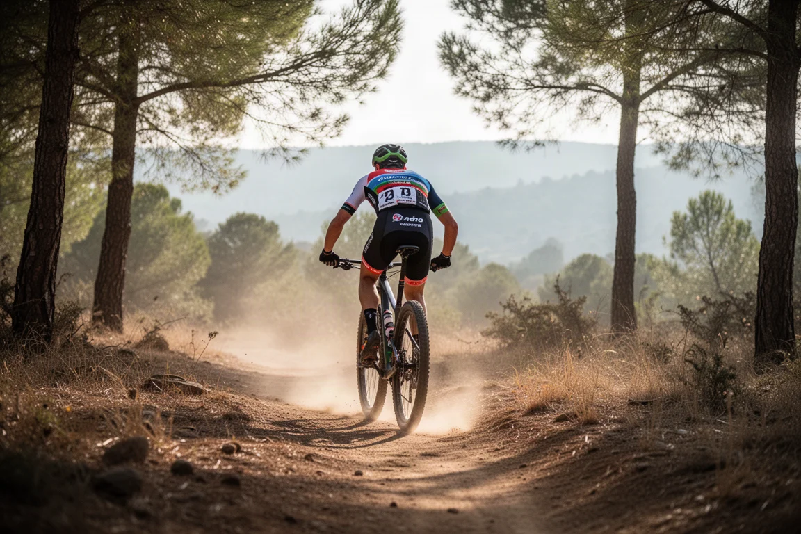 Biker da cross-country che sale veloce su singletrack in un bosco estivo asciutto