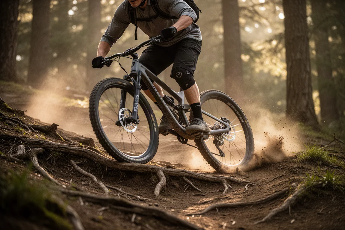 Dettaglio del cockpit con cavi, leva di lockout e manopole su una mountain bike