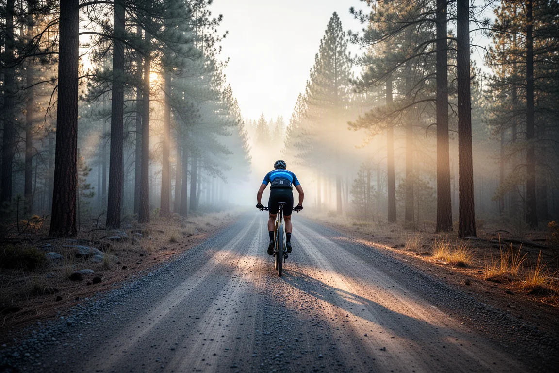 Cross-Country-Mountainbiker, der bei Sonnenaufgang einen Schotterweg erklimmt, Nebel zwischen den Bäumen