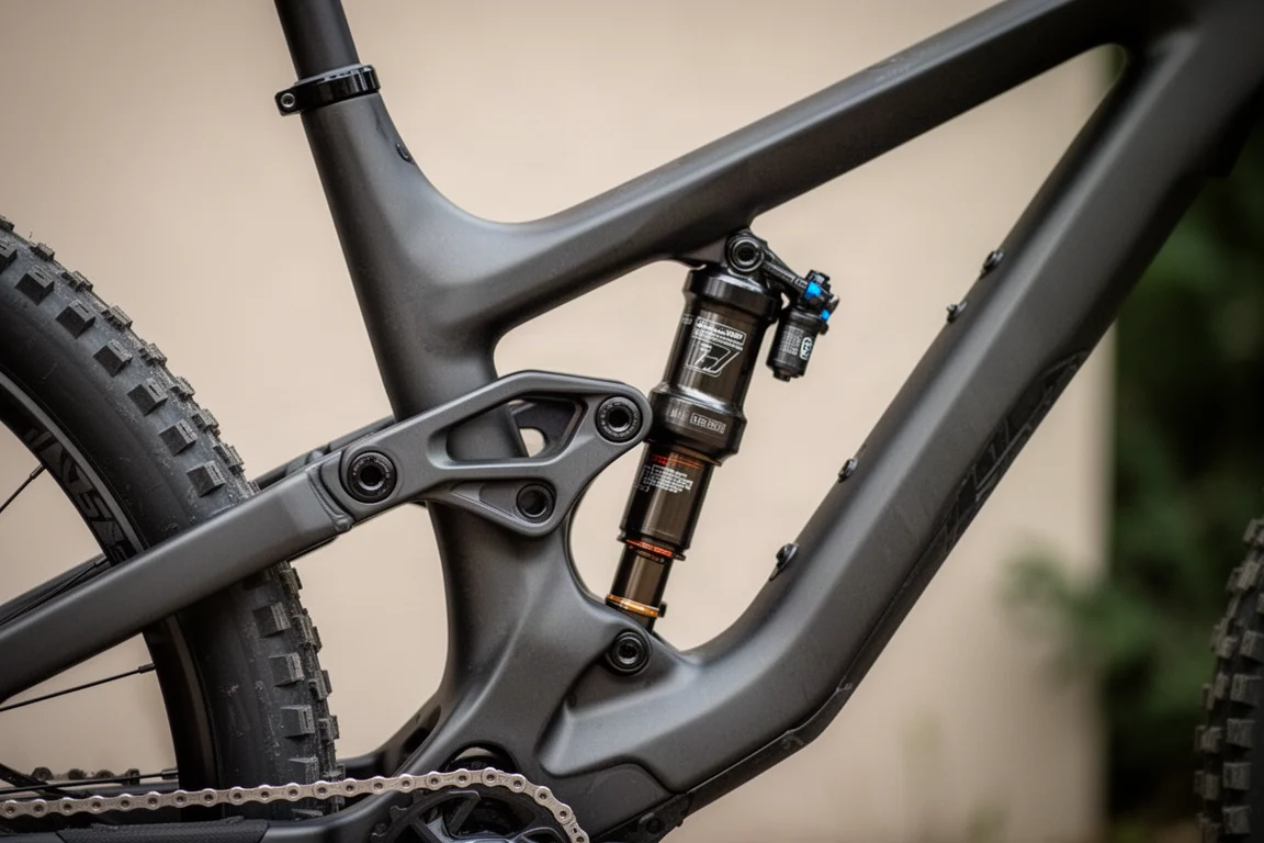 Detailaufnahme von Hinterbau-Umlenkung und Dämpfer an einem Carbon-Fully-Rahmen