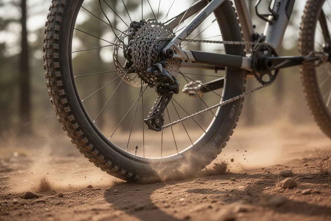 Nahaufnahme von Mountainbike-Antrieb und Hinterrad auf trockenem Trail-Boden
