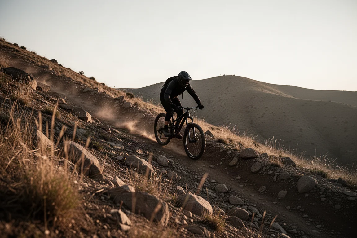 Mountainbiker, der bei goldener Stunde mit langen Schatten einen steilen, lockeren Trail erklimmt