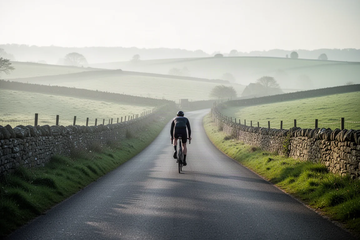 Road cyclist on an endurance bike riding a quiet country lane in early morning mist