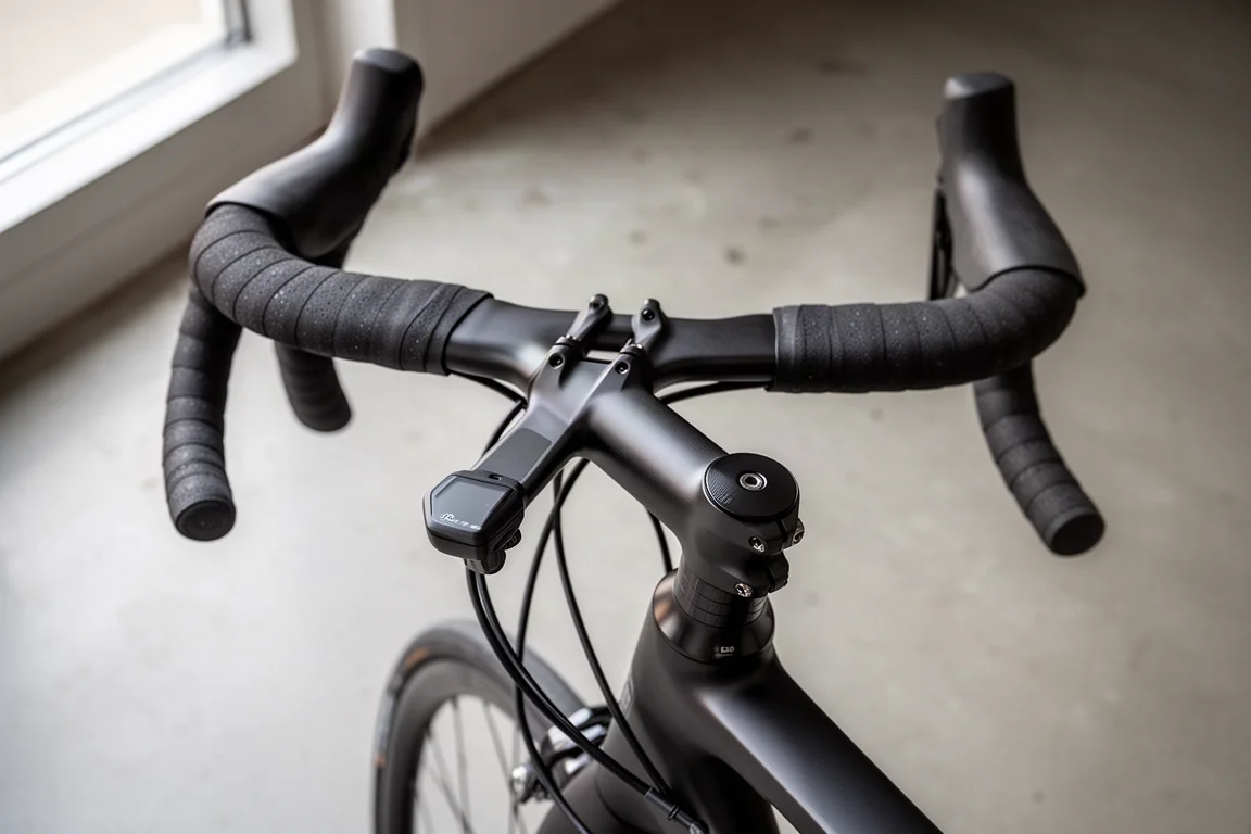 Close-up of a road bike rear derailleur, wide-range cassette and chain on rough tarmac