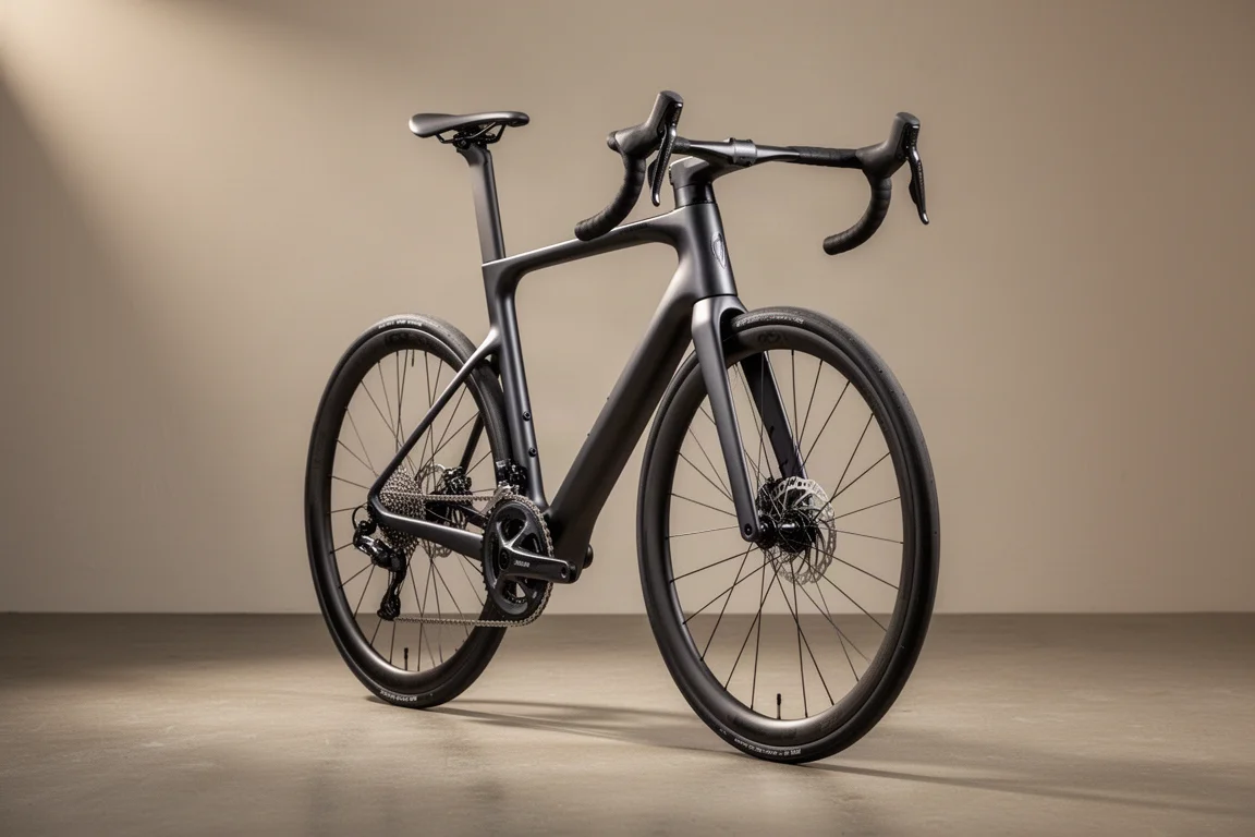Bici da strada endurance in carbonio grigio scuro con freni a disco fotografata su uno sfondo da studio grigio chiaro