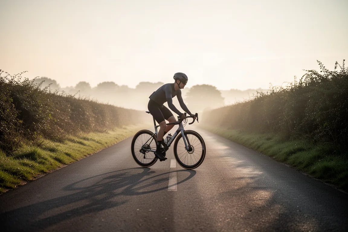 Cyclist riding a road bike along a misty country lane at first light