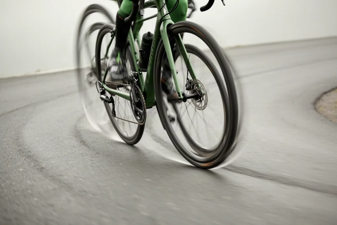 Road bike in a repair stand beside carbon wheels and tools on a workshop bench