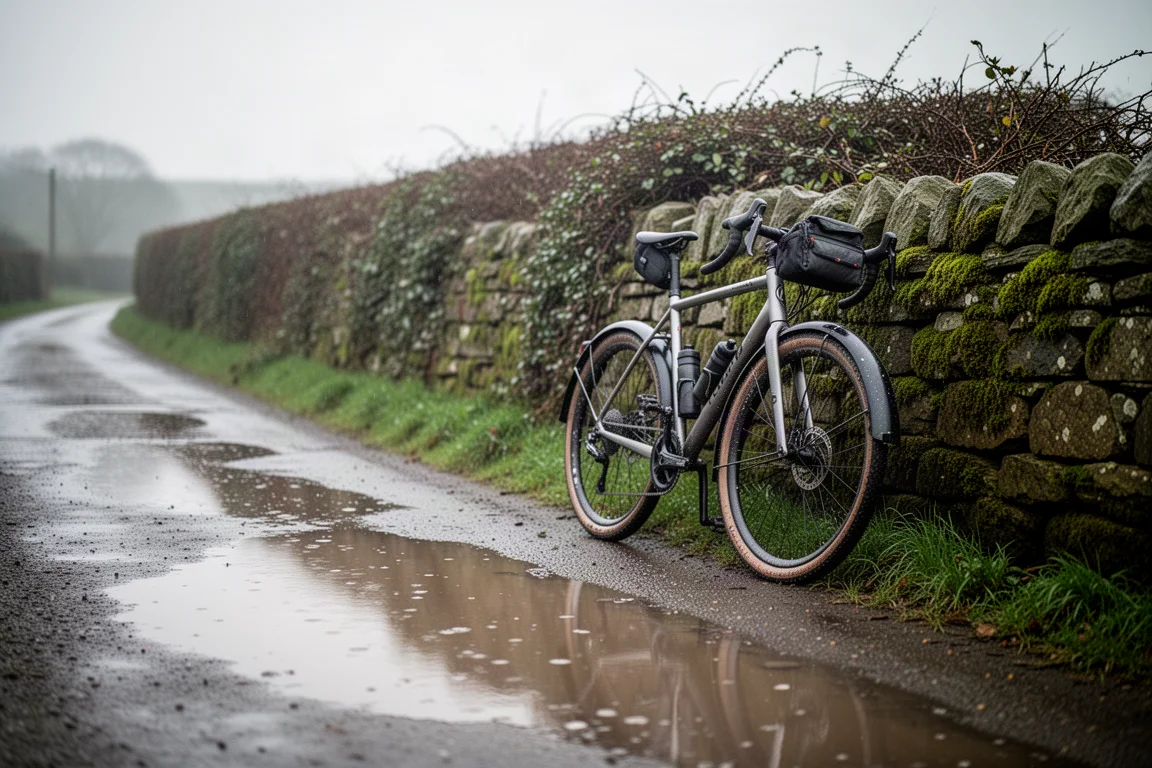 Cyclist riding away down an empty country lane in golden-hour light