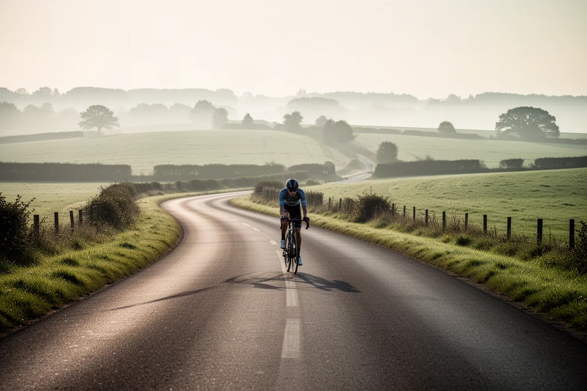 Endurance-Rennradfahrer auf einer ruhigen Landstraße im ersten Morgenlicht