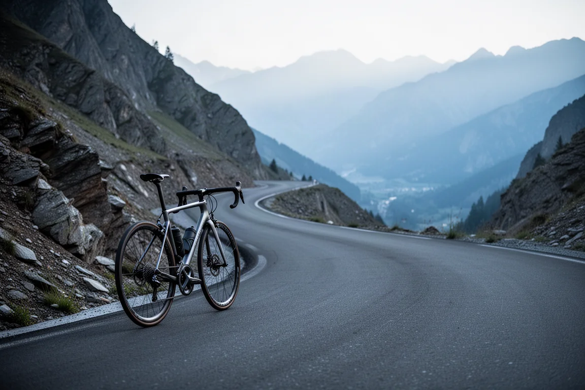 Radfahrer beim Anstieg auf einer steilen Bergstraße im frühen Morgenlicht