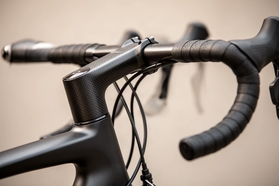 Rennradfahrer bei schneller Kurvenfahrt auf feuchter Abfahrt in der Dämmerung