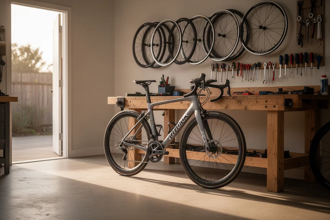 Overhead-Flatlay von Rennrad-Essentials auf Betonboden