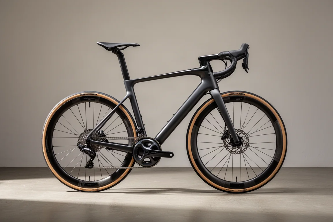 Lättviktscykel i kolfiber för endurance i profil mot en matt betongyta