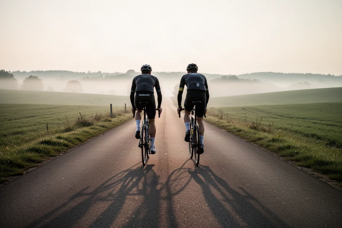 Två landsvägscyklister som cyklar på en tyst lantlig asfaltväg i mjukt tidigt morgonljus
