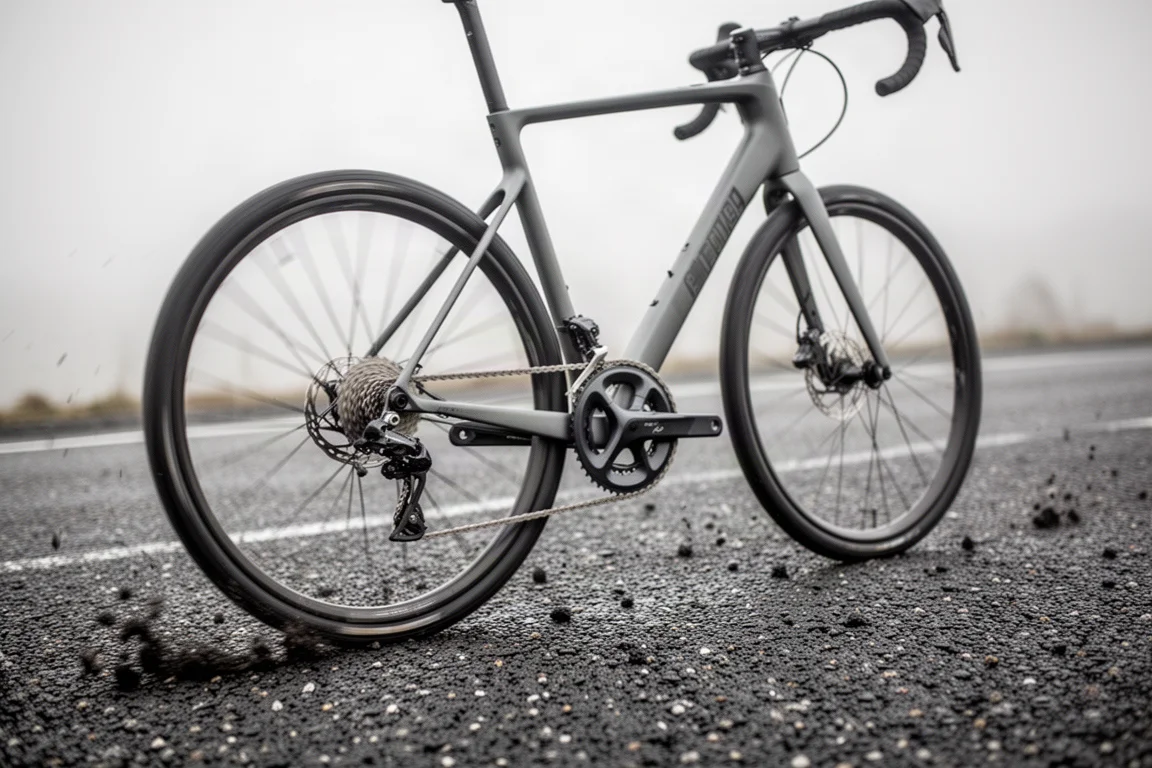 Låg vinkel, detalj av bakhjul och smal sadelstolpe på en landsvägscykel som rullar över grov asfalt
