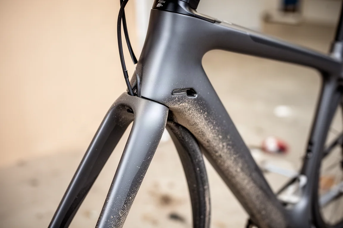Primo piano del tubo di sterzo, della corona della forcella e del tubo freno interno di una bici da strada in carbonio