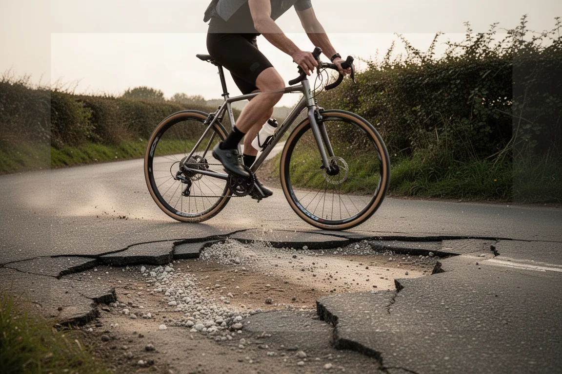 Ciclista che percorre una curva con ghiaia su una stretta strada di campagna