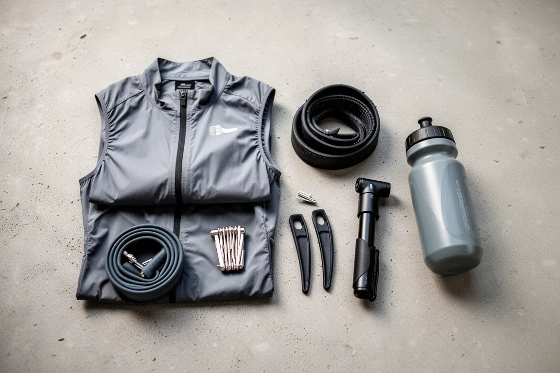Flat lay di accessori essenziali per il ciclismo su una superficie di cemento