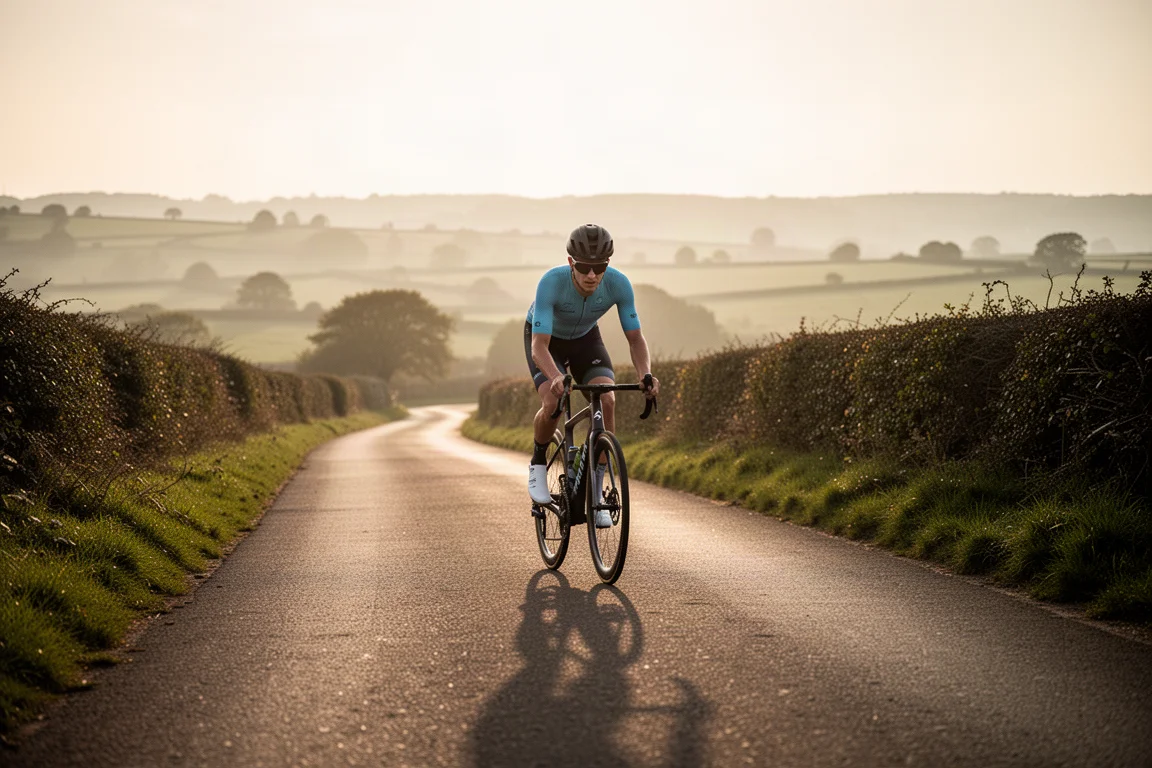 Wielrenner op een endurance-racefiets over open landweggetjes tijdens het gouden uur