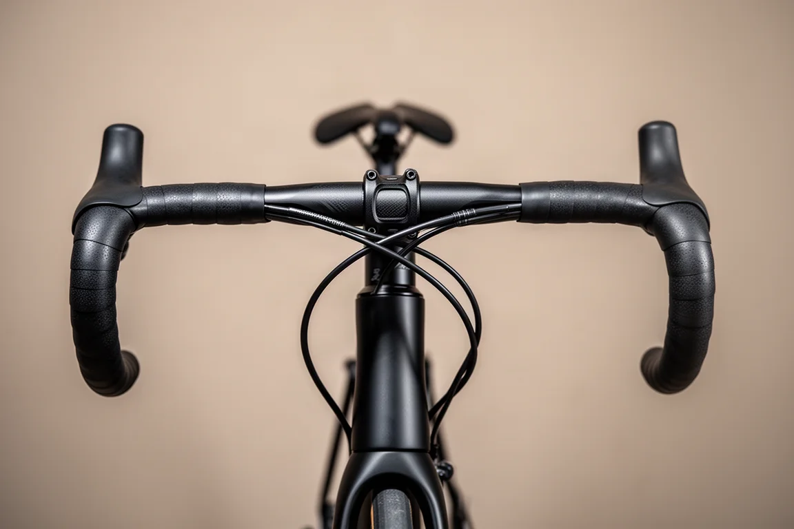 Close-up van de drops van een racefietsstuur met flare en volledig geïntegreerde kabels