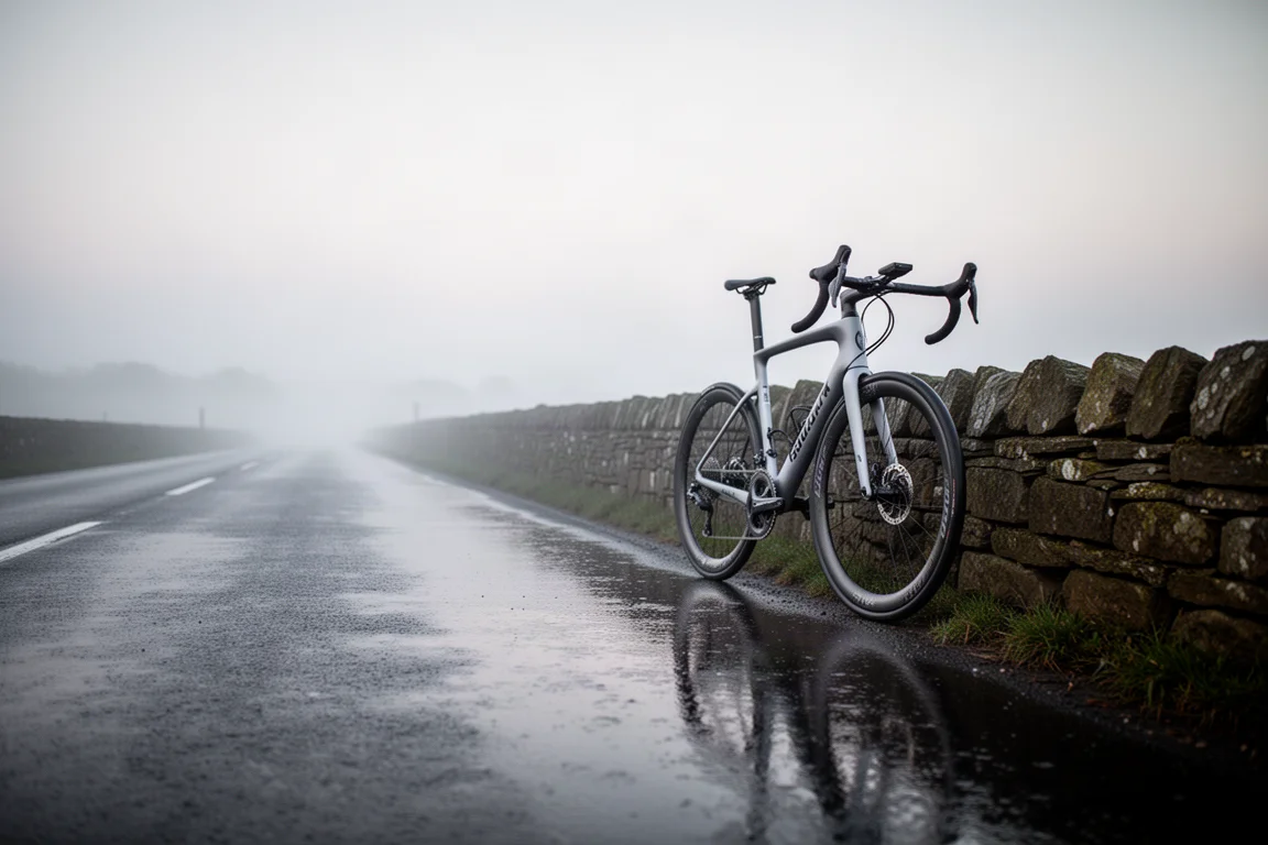 Endurance-racefiets geparkeerd op nat asfalt bij zonsopgang in lichte mist