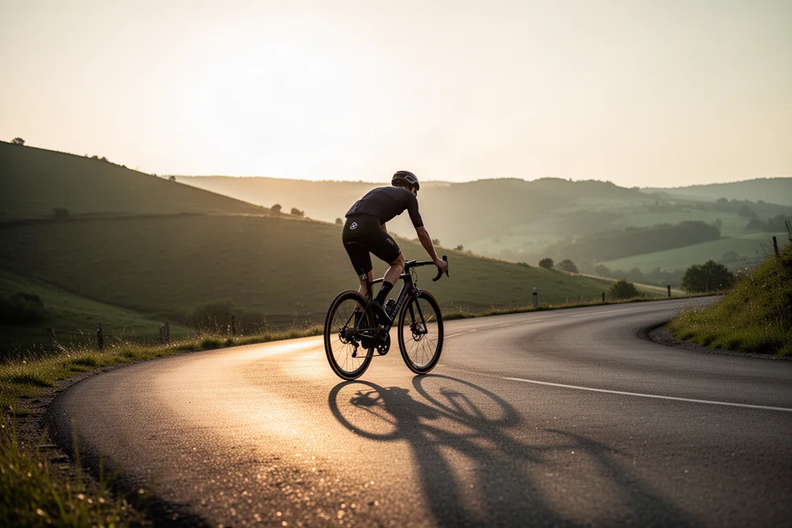 Ciclista de carretera subiendo un ascenso de asfalto liso con luz baja de hora dorada