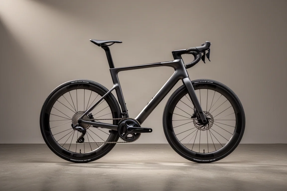 Endurance road bike with matte carbon frame and carbon wheels on a grey studio backdrop
