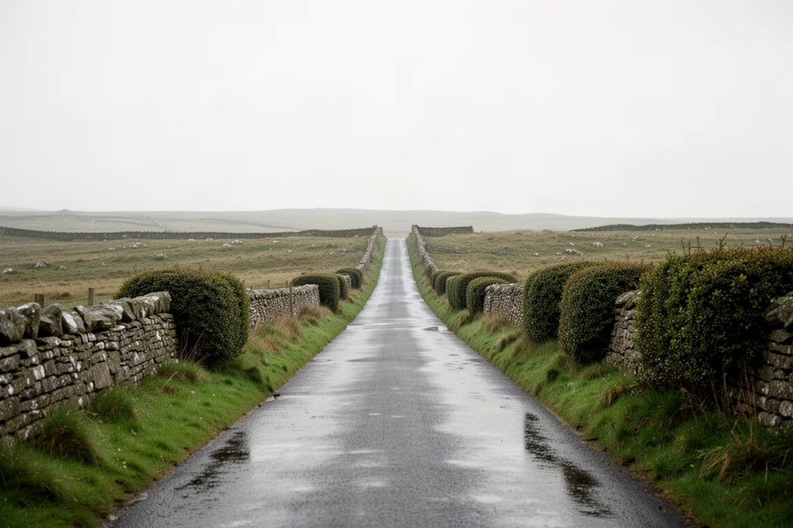 Camino rural vacío que cruza una meseta abierta bajo un cielo pálido y cubierto