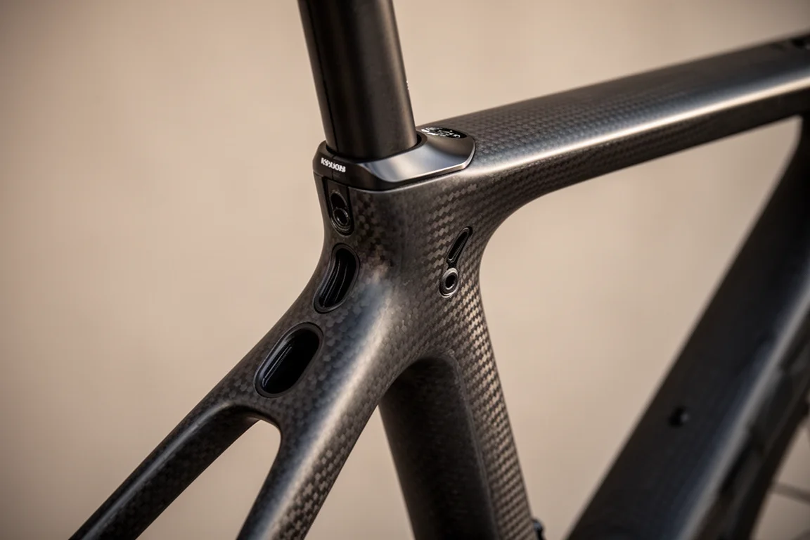 Primer plano de un cuadro de bicicleta de carbono de perfil profundo y la zona de dirección integrada