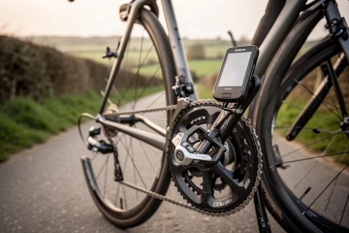 Pedal de potenciómetro y ciclocomputador montado en el manillar en un camino rural