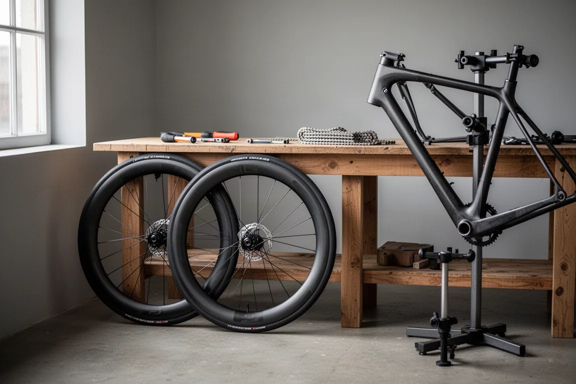 Ruedas de carretera de perfil profundo y un cuadro de carbono en un taller ordenado