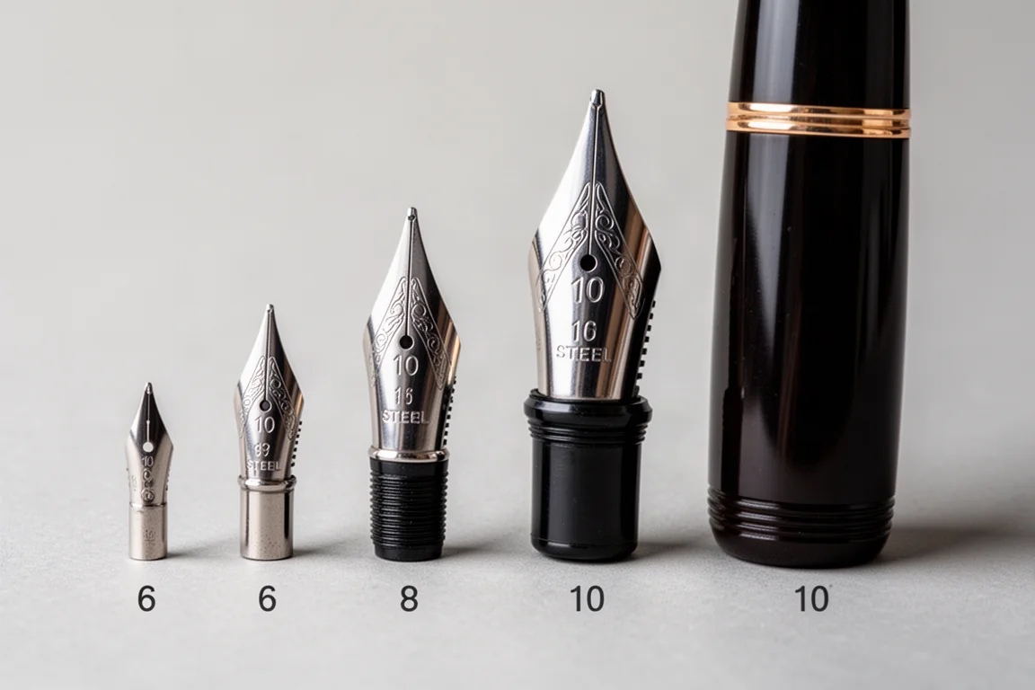 Oversized number 10 fountain pen nib held next to a smaller number 6 nib for scale