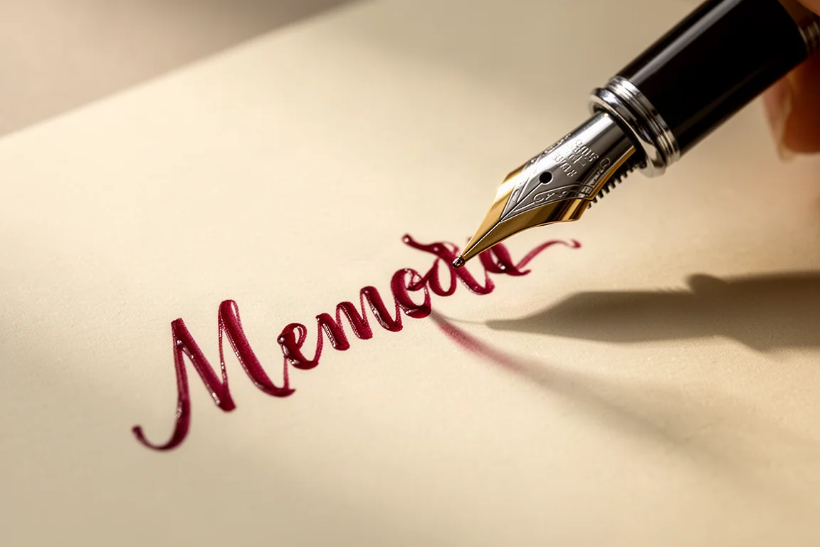Handwriting sample written in red ink with a broad stub-like fountain pen nib