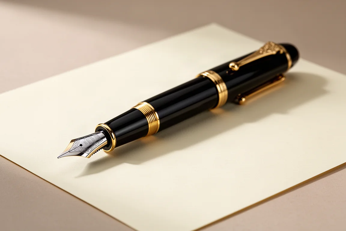 Black ebonite fountain pen with gold trim and giant steel nib resting on paper
