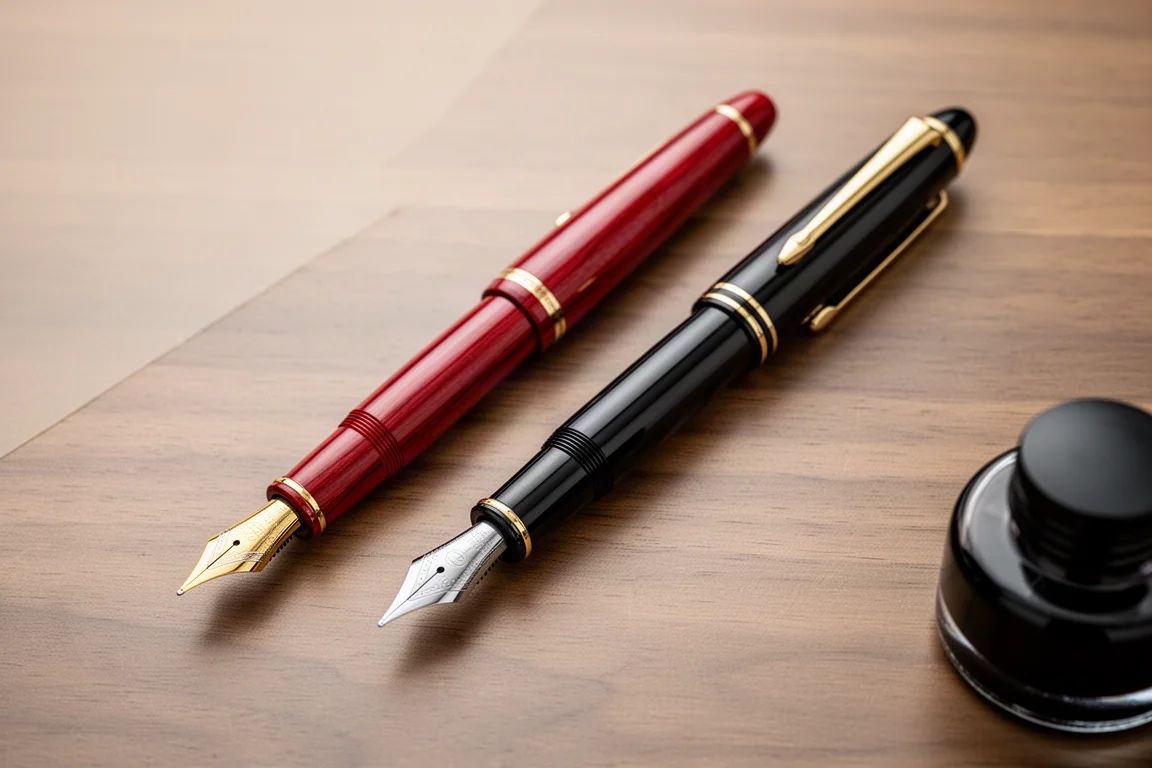 Two large fountain pens side by side on a desk showing their size difference