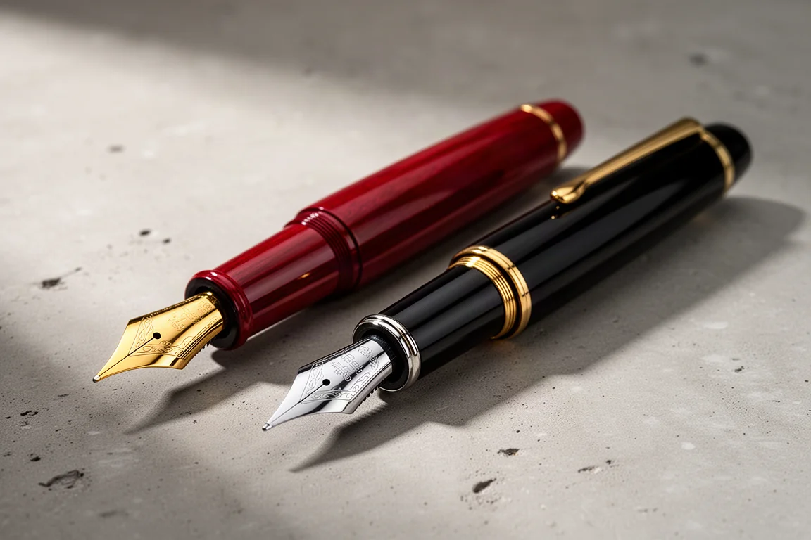 Two oversized fountain pens with giant nibs side by side on a concrete surface