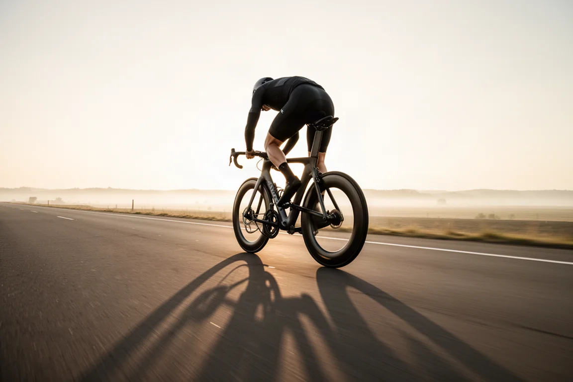 Cyklist som kör snabbt på en aerodynamisk kolfiberlandsvägscykel på öppen väg i soluppgången