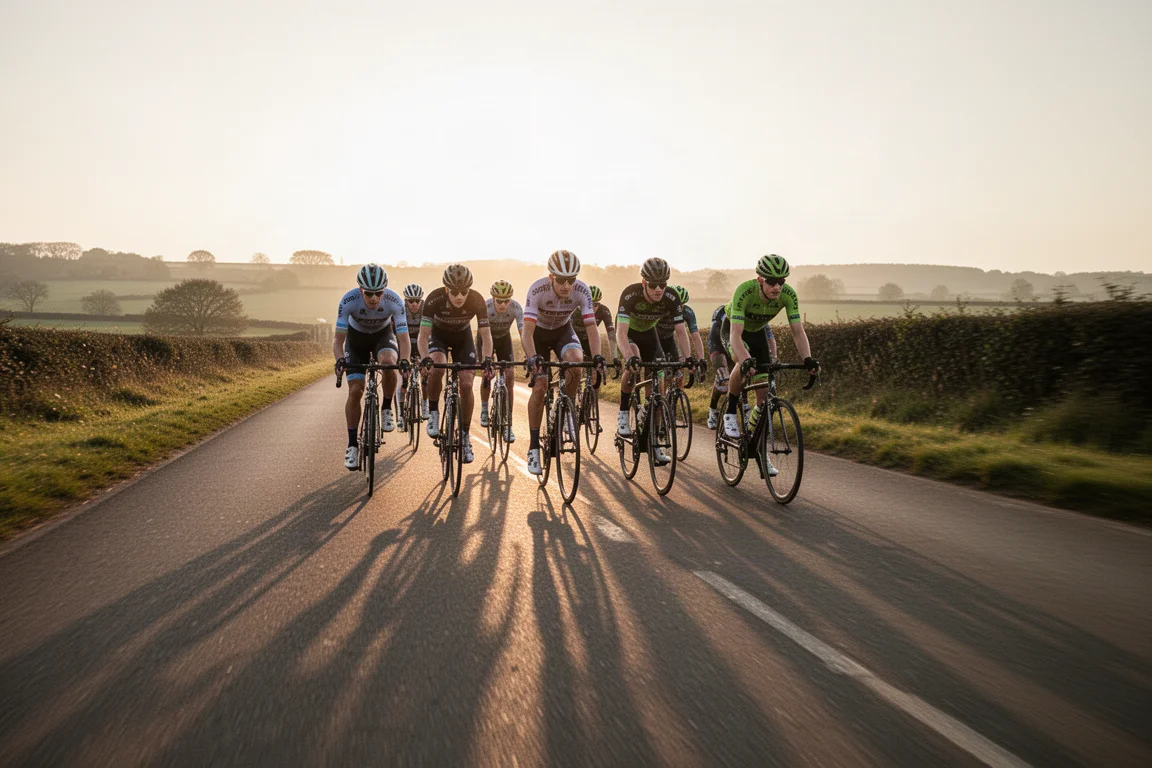 Landsvägscyklist som cyklar i aerodynamisk position på en kustväg i soluppgången