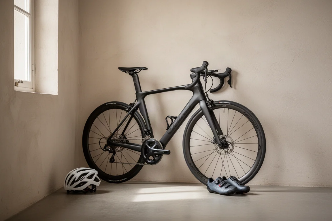 Platt uppställning av verktyg för bike fit, shims och en sadelklämma på betong