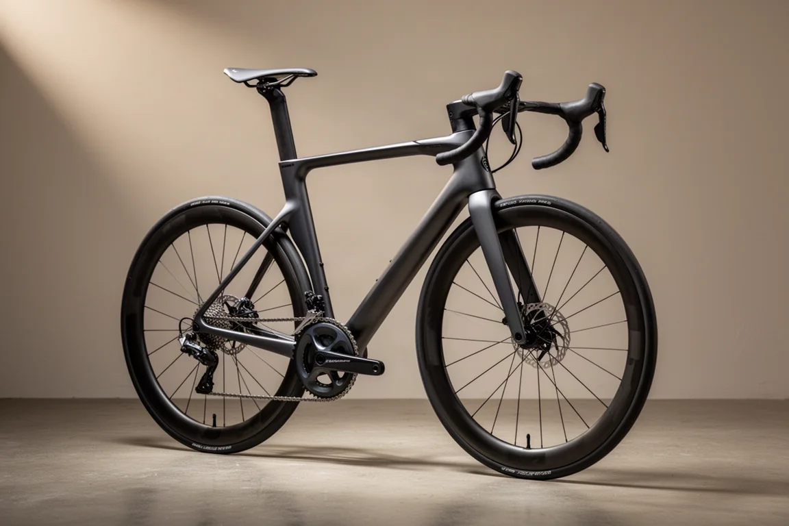 Aero road bike with integrated cockpit and deep carbon wheels on a neutral backdrop