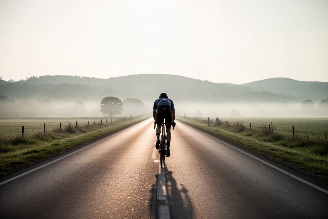 Cyclist riding an aero road bike on an open rural road at sunrise
