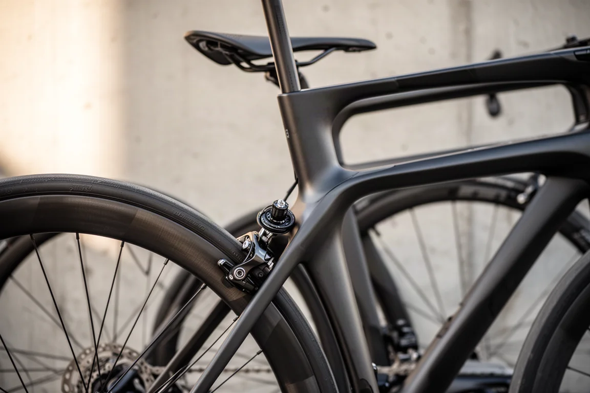 Close-up of the rear wheel, seatpost and dropout on an aero road bike