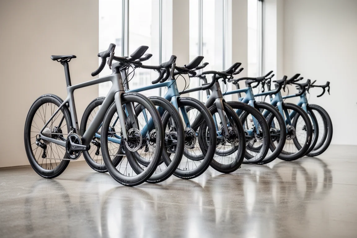 Row of aero road bikes lined up on a bright showroom floor