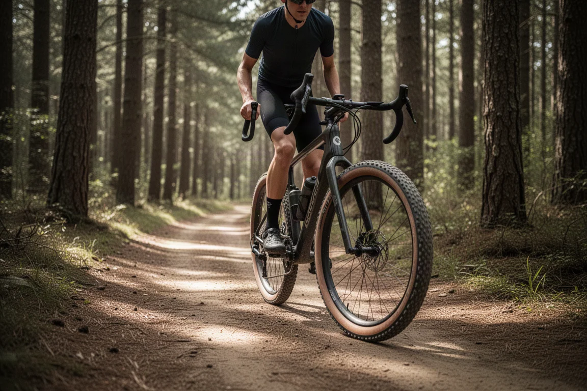 Gravel-Fahrer auf einem Waldweg auf einem Carbon-Gravelbike bei weichem Tageslicht