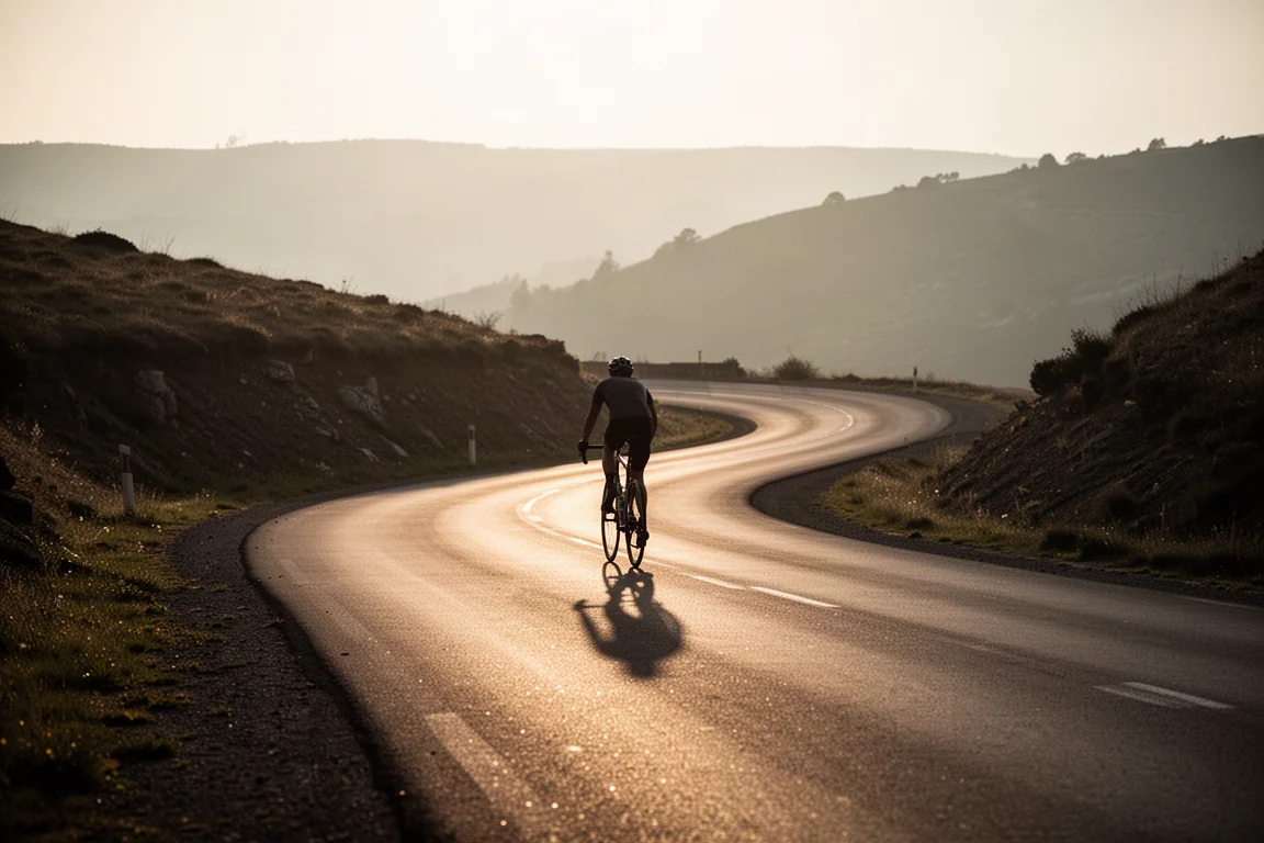 Radfahrer bei der Auffahrt auf einer steilen Asphaltstraße im Abendlicht