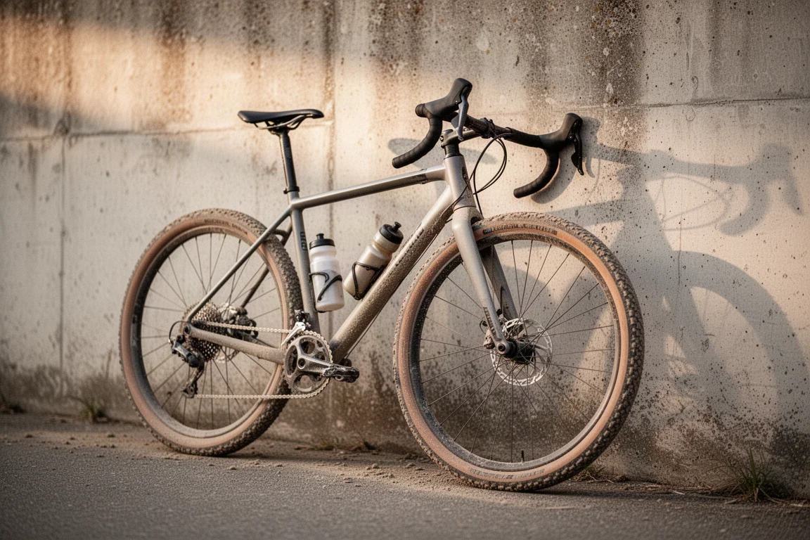 Gravelbike lehnt am Ende einer Ausfahrt an einer Wand